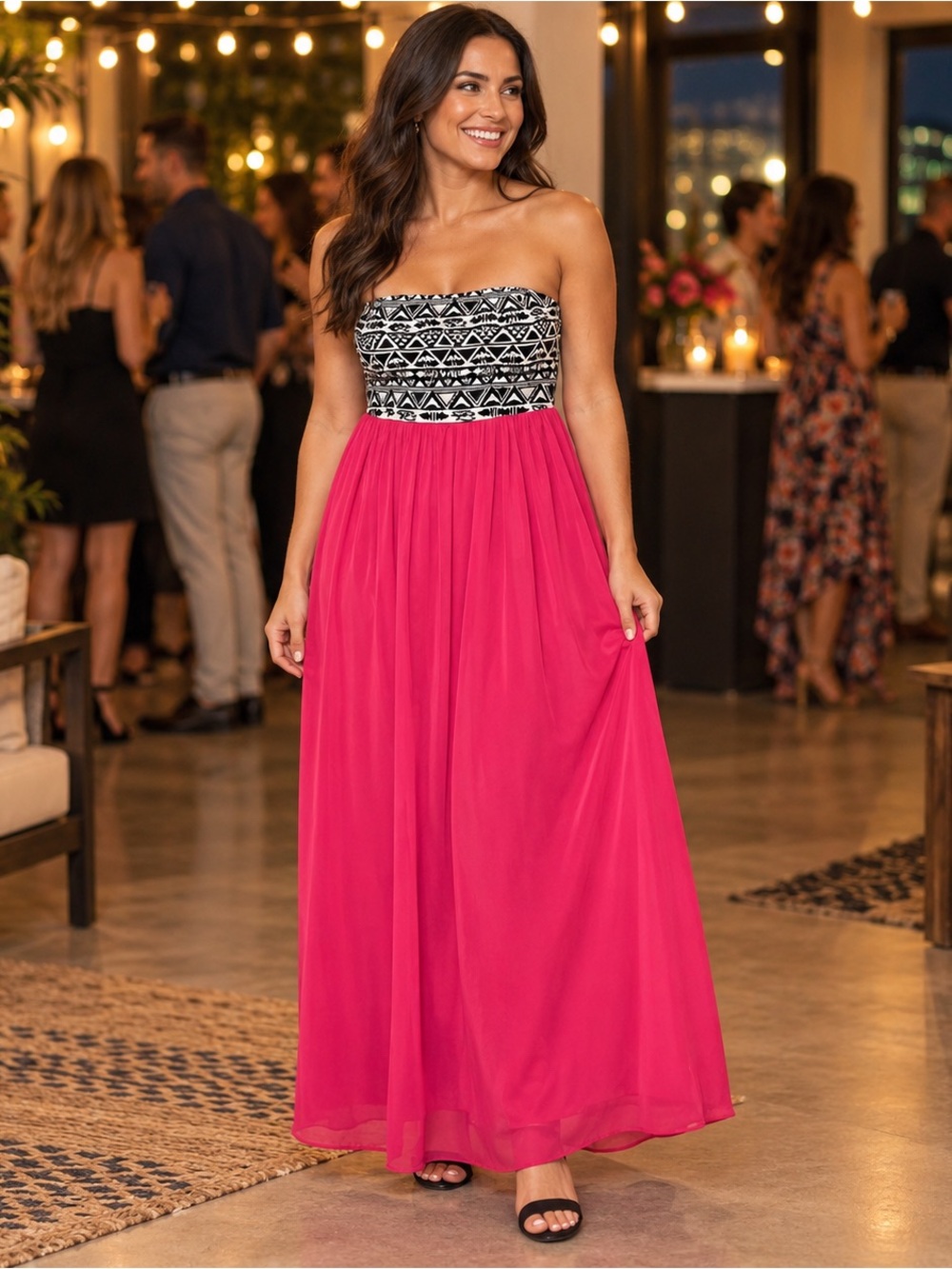 Altar’d State Strapless Pink Maxi Dress M Black White Geometric Boho